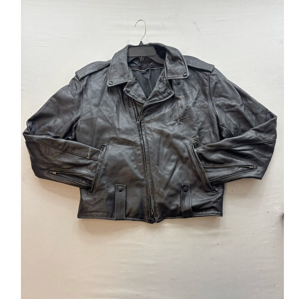 Vintage Black Leather Motorcycle Jacket Made in USA Biker Police Badge Holder 46